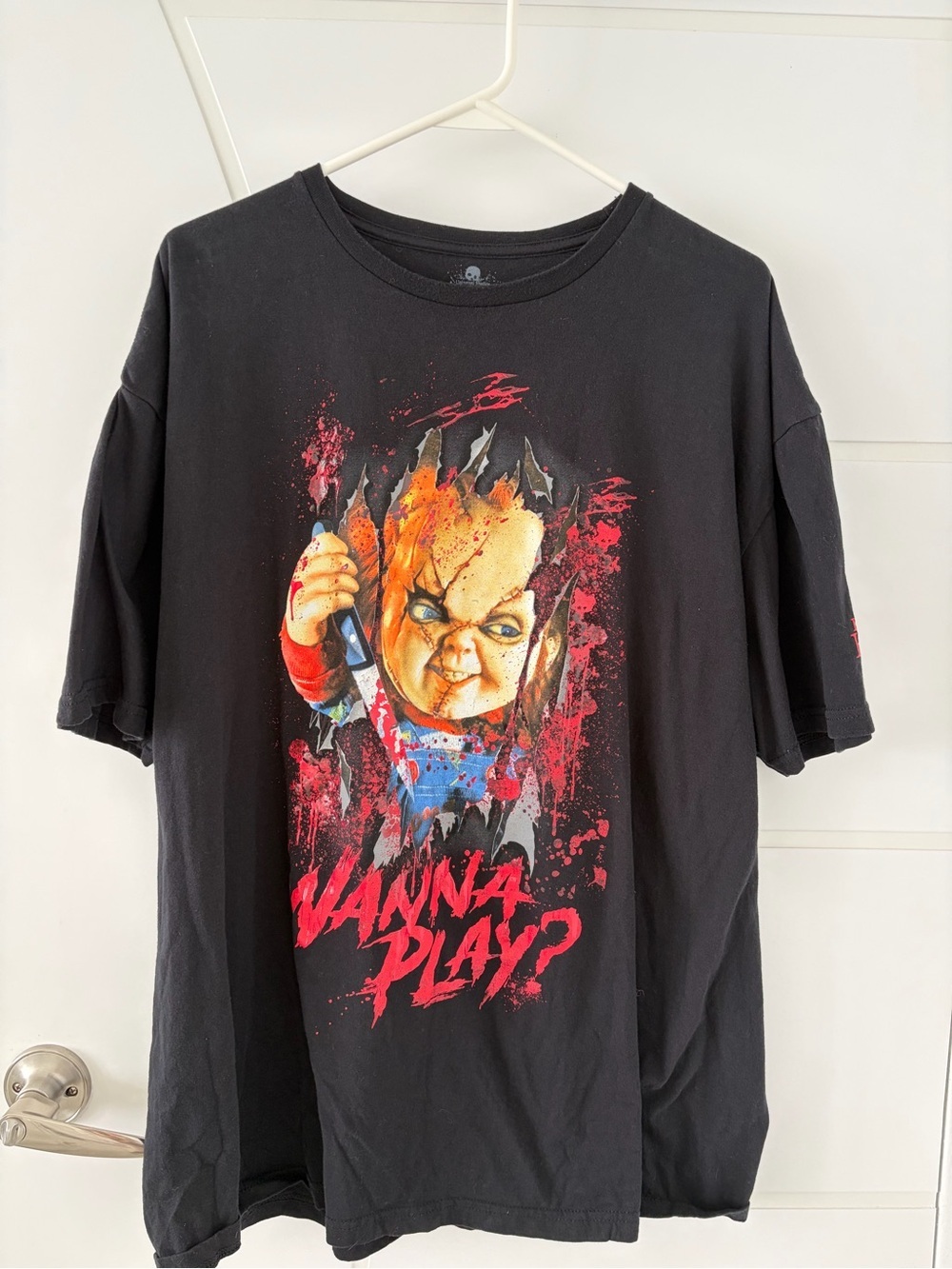 Black Short-Sleeve Graphic Tee with 'Wanna Play?' Chucky Design